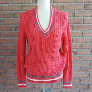 Liz Claiborne V-neck Cable Knit Sweater sz L Coral Preppy Feminine Sporty
